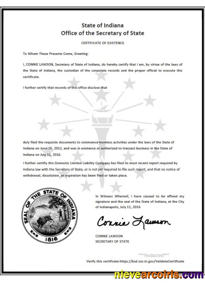 USA Indiana certificate of good standing
